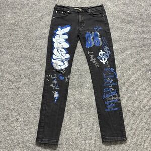 Road Narrows Mens Jeans Size 30 Black Denim Graphic Print Slim Fit Streetwear